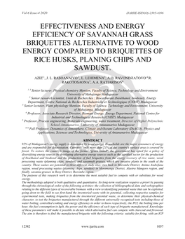 Effectiveness and Energy Efficiency of Savannah Grass Briquettes Alternative to Wood Energy Compared to Briquettes of Rice Husks, Planing Chips and Sawdust