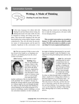 Writing: a Mode of Thinking Danling Fu and Jane Hansen
