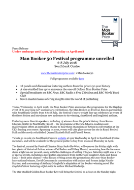 Man Booker 50 Festival Programme Unveiled 6-8 July 2018 Southbank Centre