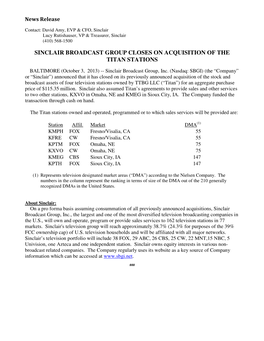 Sinclair Broadcast Group Closes on Acquisition of the Titan Stations