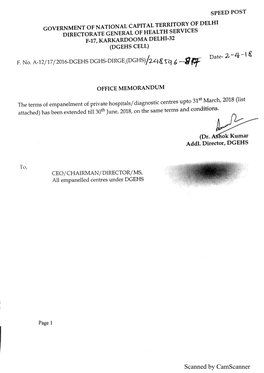 Scanned by Camscanner LIST of EMPANELLED PRIVATE HOSPITALS/ DIAGNOSTIC CENTRES UNDER DGEHS in DELHI & NCR