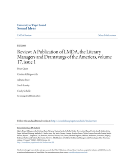 Review: a Publication of LMDA, the Literary Managers and Dramaturgs of the Americas, Volume 17, Issue 1 Brian Quirt