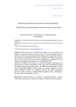 Physiology and Behavioral Science in Gaetano Martino: Reflections on A