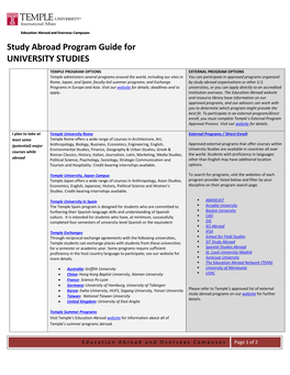 Study Abroad Program Guide for UNIVERSITY STUDIES