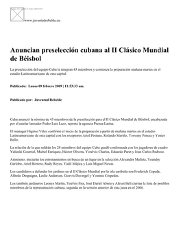 Anuncian Preselección Cubana Al II Clásico Mundial De Béisbol