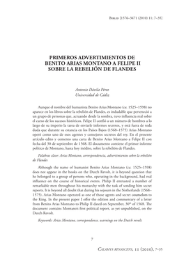 Primeros Advertimientos De Benito Arias Montano a Felipe II Sobre La Rebelión De Flandes