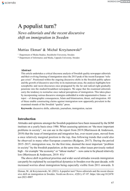 A Populist Turn? News Editorials and the Recent Discursive Shift on Immigration in Sweden