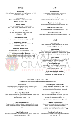 Royal Cracovia Dinner Menu