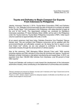 Toyota and Daihatsu to Begin Compact Car Exports from Indonesia to Philippines