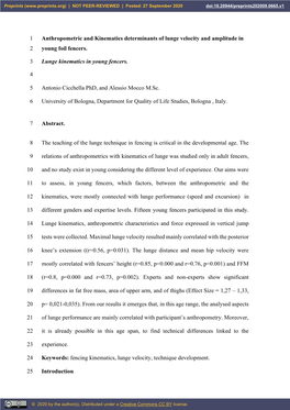 Anthropometric and Kinematics Determinants of Lunge Velocity and Amplitude in 2 Young Foil Fencers