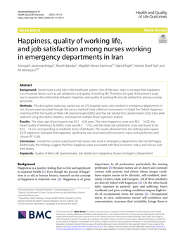 Happiness, Quality of Working Life, and Job Satisfaction Among Nurses