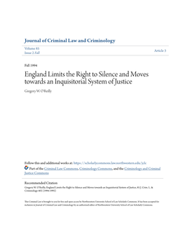 England Limits the Right to Silence and Moves Towards an Inquisitorial System of Justice Gregory W