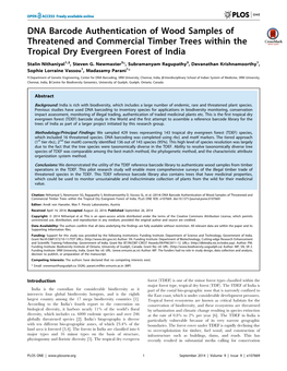 DNA Barcode Authentication of Wood Samples of Threatened and Commercial Timber Trees Within the Tropical Dry Evergreen Forest of India