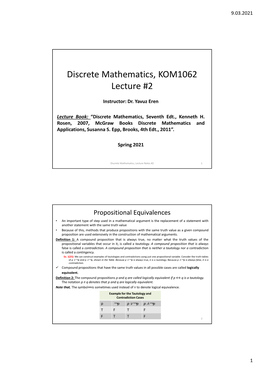 Discrete Mathematics, KOM1062 Lecture #2