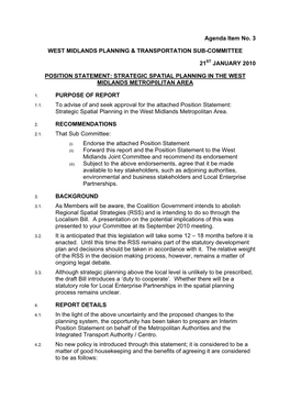 Position Statement: Strategic Spatial Planning in the West Midlands Metrop0litan Area