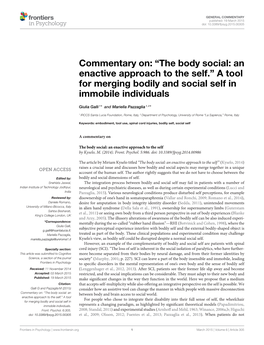 “The Body Social: an Enactive Approach to the Self.” a Tool for Merging Bodily and Social Self in Immobile Individuals