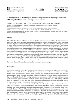 A New Specimen of the Theropod Dinosaur Baryonyx from the Early Cretaceous of Portugal and Taxonomic Validity of Suchosaurus