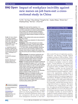 Impact of Workplace Incivility Against New Nurses on Job Burn-Out: a Cross- Sectional Study in China