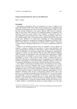 Linnaeus and the Phylocode: Where Are the Differences? Max C. Langer1 on Stability Phylogenetic Nomenclature (PN) Was Introduced