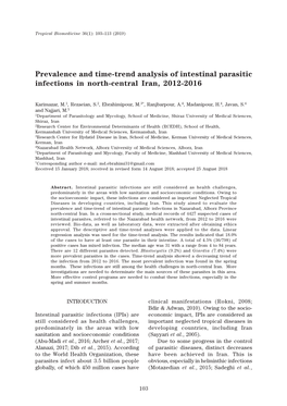 Prevalence and Time-Trend Analysis of Intestinal Parasitic Infections in North-Central Iran, 2012-2016