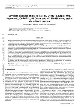 Bayesian Analysis of Interiors of HD 219134B, Kepler-10B, Kepler-93B, Corot-7B, 55 Cnc E, and HD 97658B Using Stellar Abundance Proxies Caroline Dorn1, Natalie R