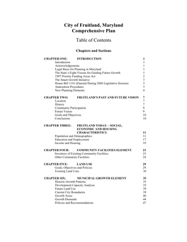 City of Fruitland, Maryland Comprehensive Plan Table Of