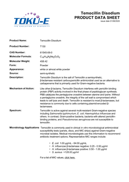 Temocillin Disodium PRODUCT DATA SHEET Issue Date 01/06/2020