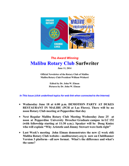 Malibu Rotary Club Surfwriter June 11, 2014