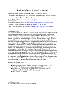 Instructor: Simon Rippon, Assistant Professor <Rippons@Ceu.Edu> Department: SPP (Cross-Listed with Philosophy; Concentrati