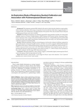 An Exploratory Study of Respiratory Quotient Calibration and Association with Postmenopausal Breast Cancer