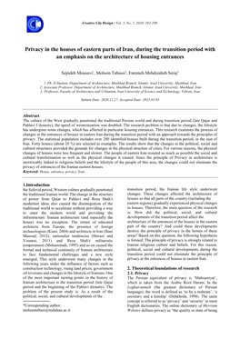 Privacy in the Houses of Eastern Parts of Iran, During the Transition Period with an Emphasis on the Architecture of Housing Entrances