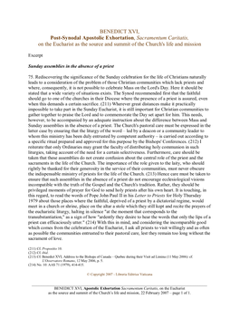 BENEDICT XVI, Post-Synodal Apostolic Exhortation, Sacramentum Caritatis, on the Eucharist As the Source and Summit of the Church's Life and Mission