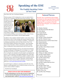 Speaking of the ESU Newsletter September to November the English Speaking Union 2019 of New York