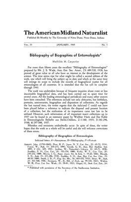 Bibliography of Biographies of Entomologists Italicizedletters A-Anonymous, B=Bibliography, P=Portrait