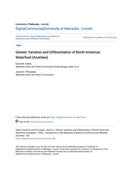 Genetic Variation and Differentiation of North American Waterfowl (Anatidae)