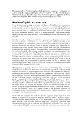 Northern English: a State of Mind It’S a Difficult Thing, Working on Accents and Dialects of English, If You Come from Northern England Like I Do