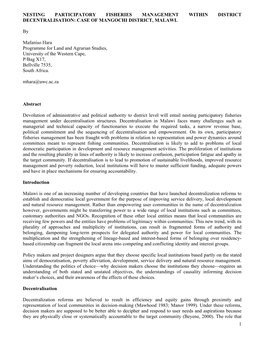 1 NESTING PARTICIPATORY FISHERIES MANAGEMENT WITHIN DISTRICT DECENTRALISATION: CASE of MANGOCHI DISTRICT, MALAWI. by Mafaniso H