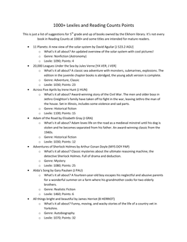 1000+ Lexiles and Reading Counts Points