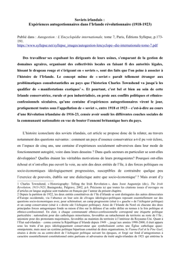 Soviets Irlandais : Expériences Autogestionnaires Dans L'irlande Révolutionnaire (1918-1923)