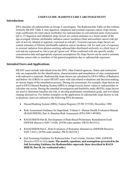 USER's GUIDE: RADIONUCLIDE CARCINOGENICITY Introduction