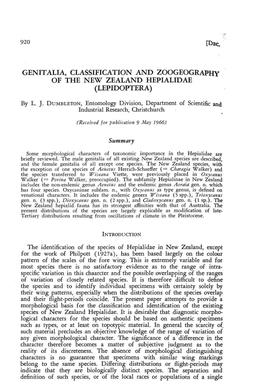Genitalia, Classification and Zoogeography of the New Zealand Hepialid Ae (Lepidoptera)
