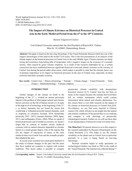 The Impact of Climate Extremes on Historical Processes in Central Asia in the Early Medieval Period from the 6Th to the 10Th Centuries