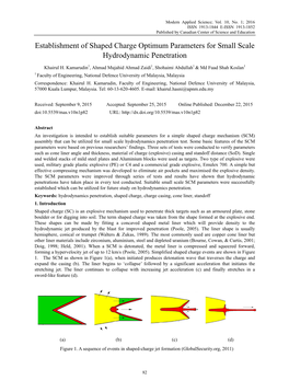 Establishment of Shaped Charge Optimum Parameters for Small Scale Hydrodynamic Penetration