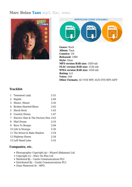 Marc Bolan Tanx Mp3, Flac, Wma