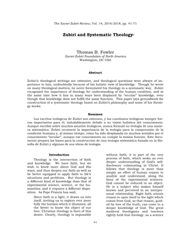 Zubiri and Systematic Theology1 Thomas B. Fowler