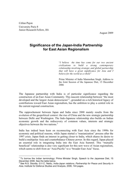 Significance of the Japan-India Partnership for East Asian Regionalism