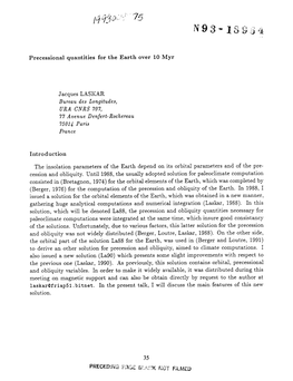 Precessional Quantities for the Earth Over 10 Myr Jacques LASKAR