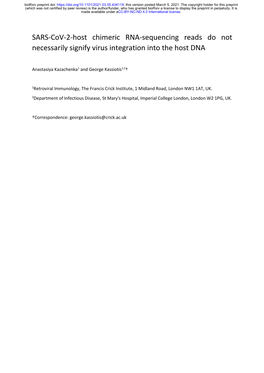 SARS-Cov-2-Host Chimeric RNA-Sequencing Reads Do Not Necessarily Signify Virus Integration Into the Host DNA