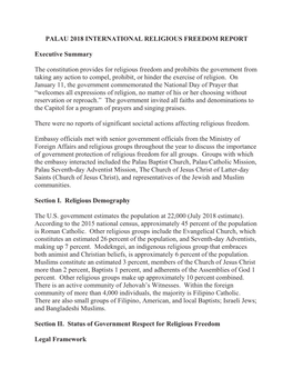 Palau 2018 International Religious Freedom Report