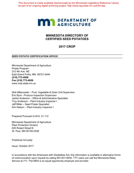 Minnesota Directory of Certified Seed Potatoes